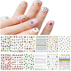 JMEOWIO Cute Nail Stickers for Children 12 Sheets Nail Art Stickers Self-Adhesive Nail Stickers Flowers Fruit Decoration Nail Design Accessories