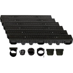 B125 Drainage Channel Set - Floor Gutter - Rainwater Drain - Drain with Grid - Drainage Channel Base - Flat - Plastic - Height 115 mm - Design Grate Honeycomb Black - 6 m