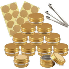 TIANZD Pack of 100 Empty 5 ml Round Gold Aluminium Screw Jars Cream Jars Aluminium Jar Tins with Screw Lid 5 ml Aluminium Tin Cans for Cosmetics Candle Ointments with 3 x Spoons 100 x Labels