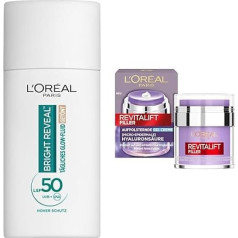 L'Oréal Paris Face Care Set: Daily Tinted UV Glow Fluid with SPF 50 & Revitalift Filler Gel Cream, Anti-Pigment Spots & Anti-Ageing, Niacinamide + Hyaluronic Acid, 2 x 50 ml