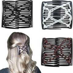 3 Pieces Elastic Magic Hair Comb Clips, Stretchable Double Comb Hair Forks for Women and Girls, Vintage Hairstyle, Multipurpose Hair Accessories (Silver Style, White-Black, Coffee)