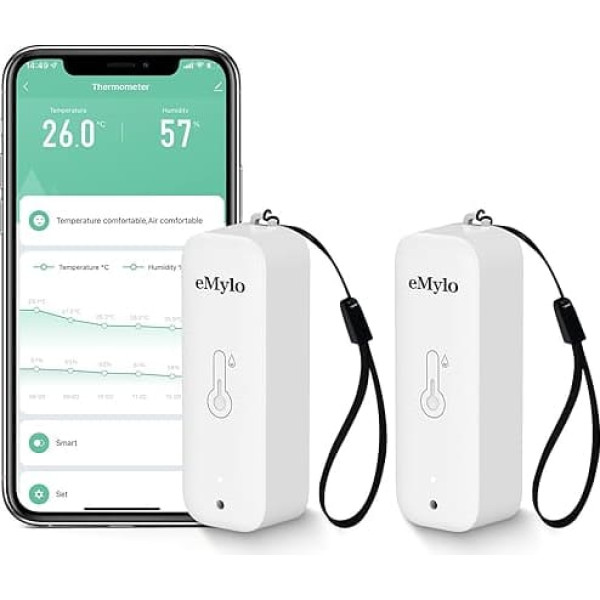 eMylo Thermometer Indoor Outdoor WiFi Thermometer Hygrometer IP65 Waterproof Humidity Meter with Intelligent Alarm, Data Storage and Calibration, White, Pack of 2