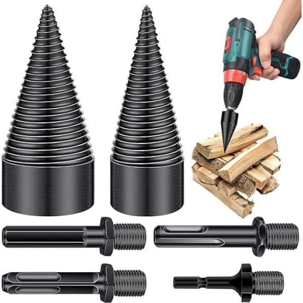 Wood Splitter Drill, Drill Cone Wood Splitter 32 + 42 mm with 4 Drill Handles, Cone Splitter, Wood Splitter Screw Cone, Firewood Drill, Precise & Fast Split Drill for Firewood