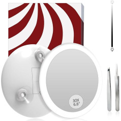 KinzraKagami Magnifying Mirror with Light, Magnifying Mirror Suction Cups with 30x Magnification, Adjustable Brightness, Suction Cups Mirror for Sticking on Shower Mirror, Compact