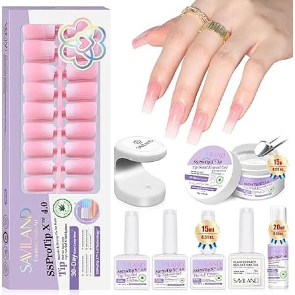 Saviland Gel Nail Tips Kit with U V Light: Long Square French Tips Press On Nails Pink White Ombre 16 Sizes Full Cover French Tip X Nails Primer Nail Glue Remover Builder Nail Gel
