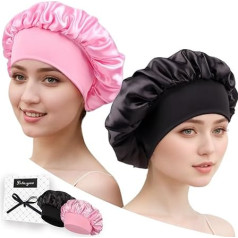 Satin Hair Cap for Sleeping with Foam Earplugs - 2 Pack Silky Shower Caps for Women - Luxury Hair Cap with Elastic Band for Curly Long Braid Hair Beauty Care - Black /
