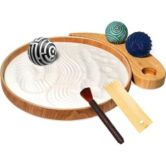 Japanese Zen Garden Set - 9.5 Inch Bamboo Sandpit, 3 Pieces Resin Stamp Balls, Mini Zen Garden Rake and Zen Decoration, Perfect Meditation Accessories and Gifts for a Life