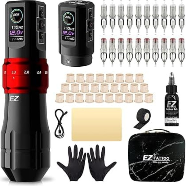 EZ P3 Pro Tattoo Machine Set - Tattoo Set with 6 Strokes 2.0 mm - 4.2 mm Rotation Tattoo Machine, Extra 1600 mAh Battery Power Supply and Tattoo Ink for Tattoo Beginners and Artists (Red Glossy)