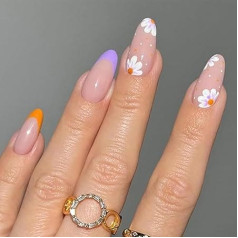 French False Nails Pearls Press On Nails Artificial Stick On Nails Reusable Ballerina Acrylic Almond Fake Nails 24 Pieces for Women and Girls (C)