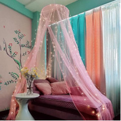 Eimilaly Bed Canopy Mosquito Net with 250 Pieces Colourful Curtain Lights, Bed Canopy for Girls Room Decoration or Theme Party, Pink/Warm White Lights