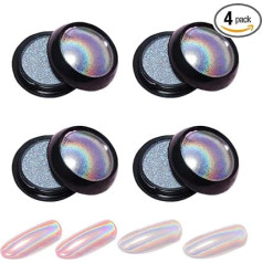 YONII 4 Pieces Holographic Chrome Nail Powder, Fine Rainbow Unicorn Mermaid Laser Effect Multi Manicure Pigment Glitter Dust Colourful Manicure Aurora