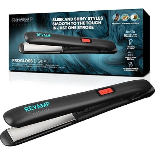 REVAMP Progloss Digital Ceramic Hair Straightener - Slim Lightweight Salon Professional Straightening and Curling Hot Iron Styler All Hair Types Adjustable Temperature Worldwide Tension Black