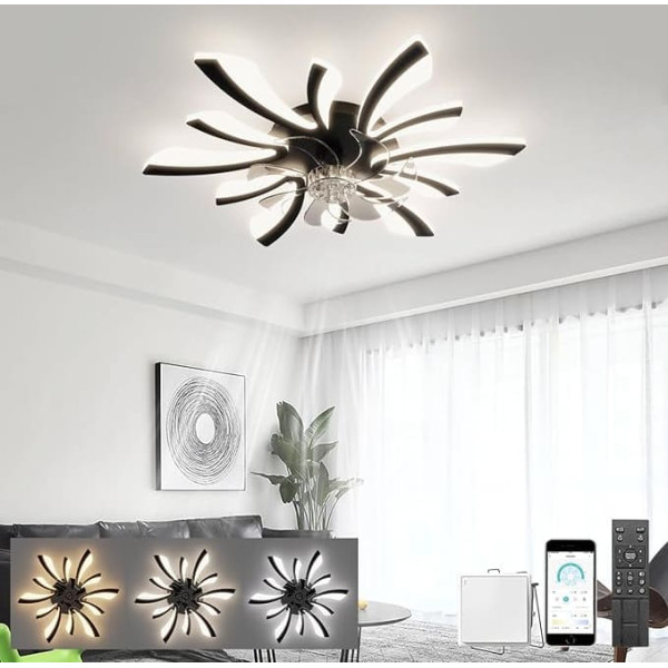 LJX Ceiling Light with Fan DC 78 cm Ceiling Light with Fan Quiet Timer Reversible 6 Speed Dimmable Lamp Fan for Bedroom Living Room Black