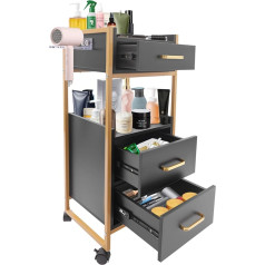 Hairdressing Trolley with 3 Drawers and 2 Open Levels, Salon Storage Trolley with Wheels and Hair Dryer Holder, Cosmetic Trolley, Serving Trolley, Trolley, Work Trolley, 36 x 32 x 87 cm (Gold, Black)
