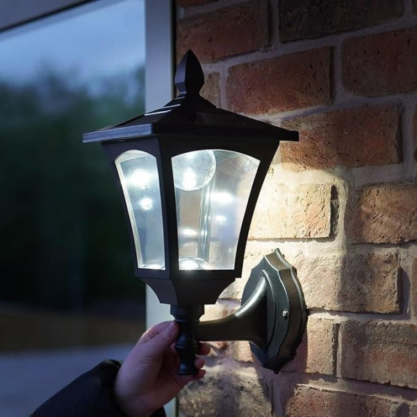 Wall Mount Lantern - Black - Solar Powered - White LEDs - Dual Brightness by
