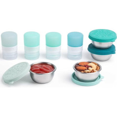 MICEBAY Salatdressing-Behälter für unterwegs, 28 ml, Silikon, kleine Gewürz-Quetschflaschen und 45 ml Edelstahl-Saucen-Behälter, auslaufsichere Gewürzbehälter mit Deckel für Lunchbox, 8 Stück