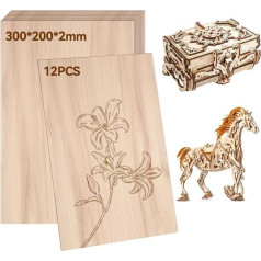 RUNYU Pack of 12 Wooden Panels, 2 mm Plywood, Wooden Panels for Crafts, 300 × 200 × 2 mm Plywood Board, Basswood Plywood for Laser Projects, DIY Model, Art, Craft, Paintings