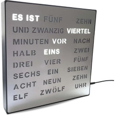 Elegant LED Word Clock with German Word Display with USB Cable Metal Look Silver Design Wall Clock Hanging or Standing High Quality 01