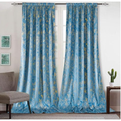 Luxuriöse Samtvorhänge, Goldfolien-Druck, 80 % Verdunkelung, Fenstervorhänge, Schlaufen-/Stangentasche/Faltenhaken, wärmeisoliert, Wohnzimmer, Schlafzimmer, Vorhänge, 2 Paneele, Ägäisblau,