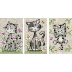 Vervaco Cats and Flowers Counted Cross Stitch Kit, Set of 3, Multi-Colour