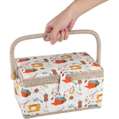 Sewing Box, Fabric Sewing Box, Wooden Sewing Basket, Sewing Box, Storage Box with Handle and Plastic Insert for Small Sewing Accessories, 27.8 x 18 x 14.5 cm
