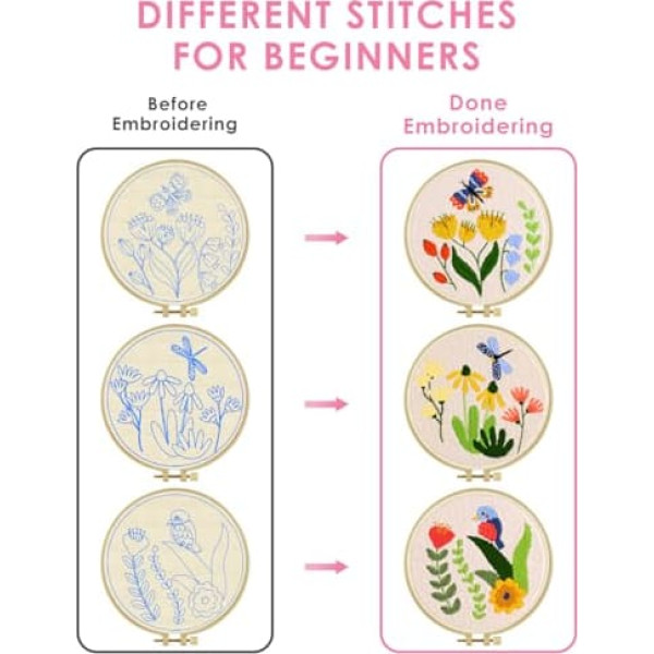 TINDTOP Punch Needle Embroidery Kits, 3 Sets Flowers Punch Needle Kits for Adults Beginner, Tool with Punch Needle Fabric, Hoops, Yarns and Sewing Needles