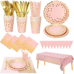 Pack of 186 Pink Gold Party Tableware, Party Accessories, Paper Plates Set, Reusable Paper Tableware Set Including Tablecloth, Plates, Cups, Napkins for Birthday, Weddings, Anniversary, 25 Guests