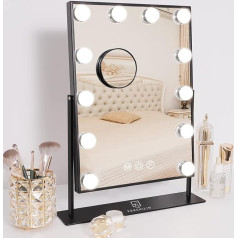 FENCHILIN Make-up Mirror with Lighting, 12 LED Illuminated Hollywood Mirror with Lighting, 360° Rotatable, 10x Magnification, 3 Colour Lighting Modes, Makeup Mirror with Light, Black, 30 x 41 cm