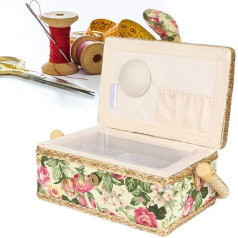 Household Fabric Craft Handmade Sewing Basket Thread Needle Storage Box Organiser Sewing Set Storage Box with Removable Tray (Garden Rose)