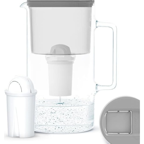 Wessper Glass Water Filter Jug, 2.5 L, Compatible with Brita Classic Water Filter Cartridges, Includes 1 Water Filter Cartridge, Reduces Limescale and Chlorine, Grey