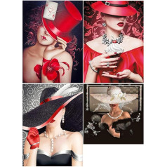 DCIDBEI 4 Pack Diamond Painting Woman with Hat 30 x 40 cm Craft Adult Women Decoration Women Diamond Painting Elegant Women's Diamond Painting Earrings Women's Diamond Puzzle