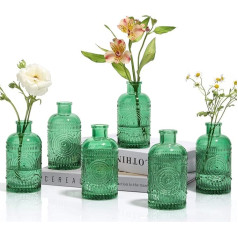 Glass Vase, Green, Pack of 6 Glass Vases, Table Decoration, Flower Vases, Vintage Small Glass Vases, Mini Decorative Vases Set, Small Vases Set for Table Decoration, Tulip Vase for Wedding