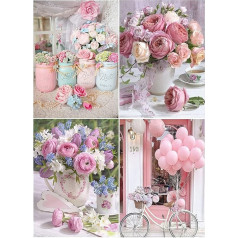 DCIDBEI Diamontpating Children's Set of 4 Pink 30 x 40 cm Diamond Painting Flowers Diamond Painting Pictures Adults Roses Diamond Painting Embroidery Canvas Pictures Balloon Adults Children Living