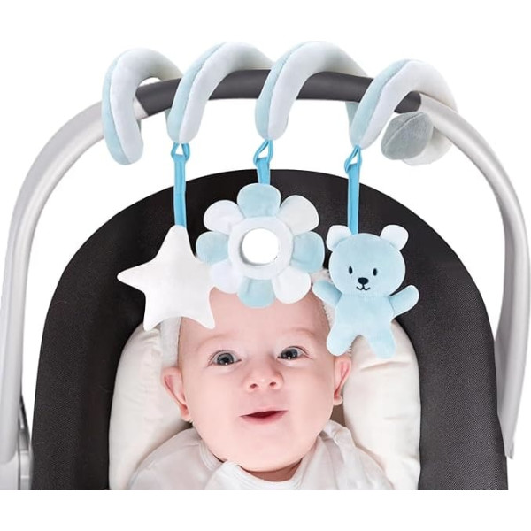 vocheer Baby Car Seat Toys 0-6 Months Boys Hanging Rattle Bouncy Toy for Crib Mobile Toddler Spiral Plush Stroller Toy (Blue Bear)