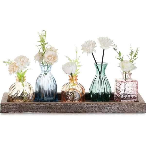 Glasseam Small Vases Glass for Home: 5 Mini Vases Colourful with Wooden Tray for Living Room Office Dining Table Decoration - Stylish Glass Vase Set Flower Vase Small for Housewarming Gift Home