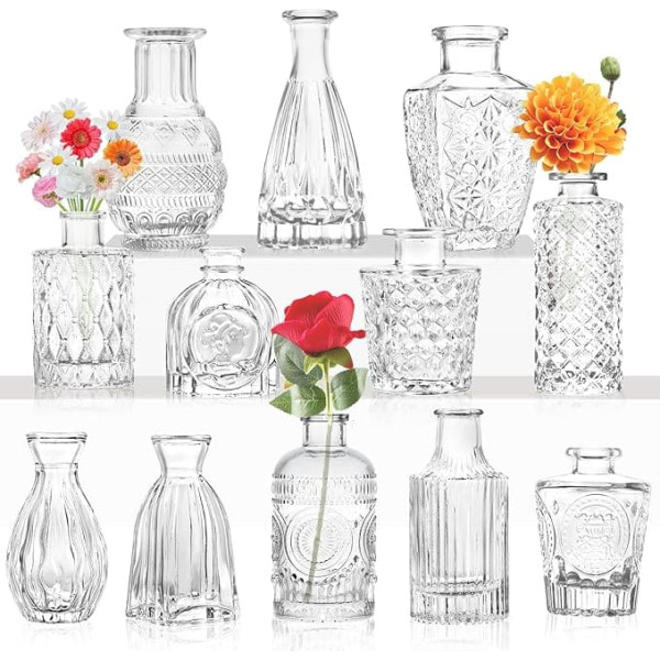 Small Glass Vase Bud Vase Bulk Pack Set of 12 Mini Vintage Flower Bottles Delicate Glass Flower Vase Various Sizes for Flower Arrangements, Decorative Table Decoration, Wedding Party at Home