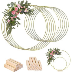 Pack of 18 Flower Hoop Centrepiece, Macrame Rings Gold with Wooden Card Holder, Floral Hoop, DIY Metal Wreath Ring, for Crafts, Dream Catcher, Wedding Wreath, DIY Centerpieces, Table Wreath