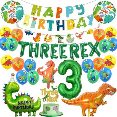 Dinosaur 3rd Birthday Decorations, Three Rex Party Decoration for Kids Boys Birthday, Dino Rex Foil Balloons Three Rex Cake Toppers Happy Birthday Banner Dinosaur Theme Party Supplies