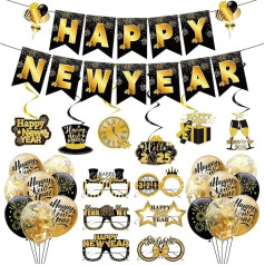 Afritee New Year Decorations 2025 - 26 Pieces Happy New Years Eve Decoration Black Gold Balloons Happy New Year Banner Hanging Swirls New Year Glasses NYE Decorations New Year Party Decor Supplies