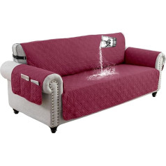 100% wasserdichter Sofabezug 3-Sitzer, rutschfester Sofa-Schonbezug mit 6 Seitentaschen, Sofaschoner mit verstellbarem Gummiband für Kinder, Hunde, Rot, 3-Sitzer