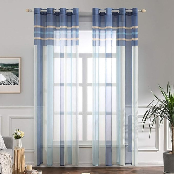 MIULEE Voile Transparent Voile Curtain with Eyelets Tab-Top Curtain Eyelet Curtains Transparent Window Curtains Living Room Bedroom Set of 2 140 x 225 cm Blue + Light Blue