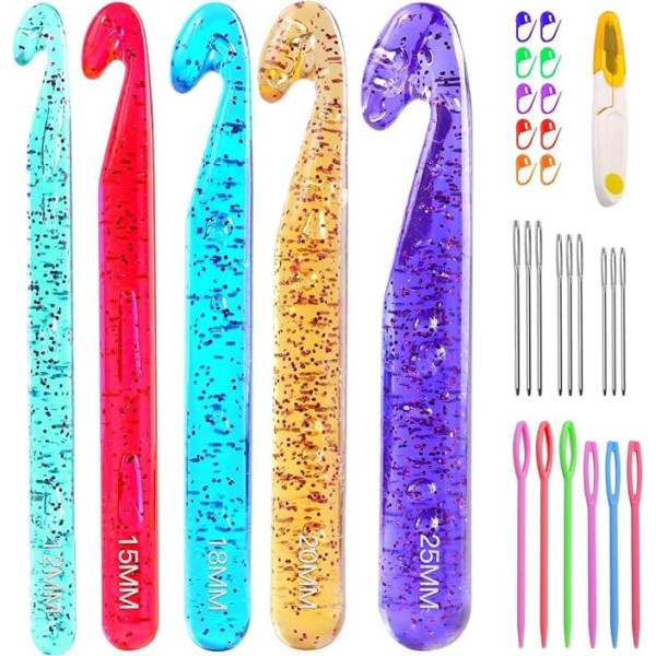 NAMOON Large Crochet Hooks, 12mm-25mm Crochet Hooks, Giant Crochet Kit for Crochet Thick Blankets, Transparent Crystal Crochet Hooks for Knitting Carpet Weaving, DIY Crafts