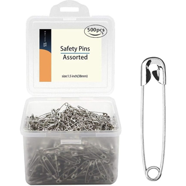 500 Pieces Safety Pins, 38mm Safety Pins, Size 2 Small Safety Pins with Convenient Box, Safety Pins for Clothes, Home, Office