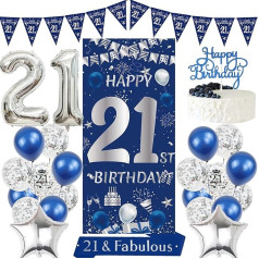 Blaue Luftballons zum 21. Geburtstag – 23 Stück Happy 21st Birthday Hintergrund Banner Nummer 21 Folienballon Schärpe für Männer Frauen 21 Jahre alt Jahrestag Party Dekor Supplies