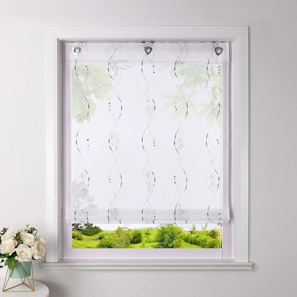 Heichkell Roman Blind No Drilling Voile Roman Curtain with Eyelets Transparent Curtain with Hook Hanging Eyelet Roller Blind with Modern Embroidery Grey W x H 80 x 140 cm