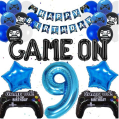 9 Geburtstag Dekorationen für Jungen - 50 Stück Videospiel Party Supplies, Blau Happy Birthday Banner Gaming Controller Folien- und Latexballons, 9 Jahre alt Gamer Geburtstag Party Dekor