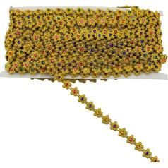 Flache Blumenkette, Kunststoff-Strassbesatz mit bunten Acryl-Strasssteinen, Blumenkette, Verzierung für Hochzeit, DIY, Handwerk, Kleid, Dekoration, goldfarben, 0,95 cm, 9,1 m
