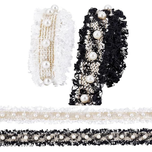 PH PandaHall 4 Yards 30 cm Lace Ribbon 2 Colours Frayed Edge Polyester Lace Ribbon with Plastic Beads Vintage Edge Trim Fabric Trim Sewing Trim for Clothing Sewing Crafts