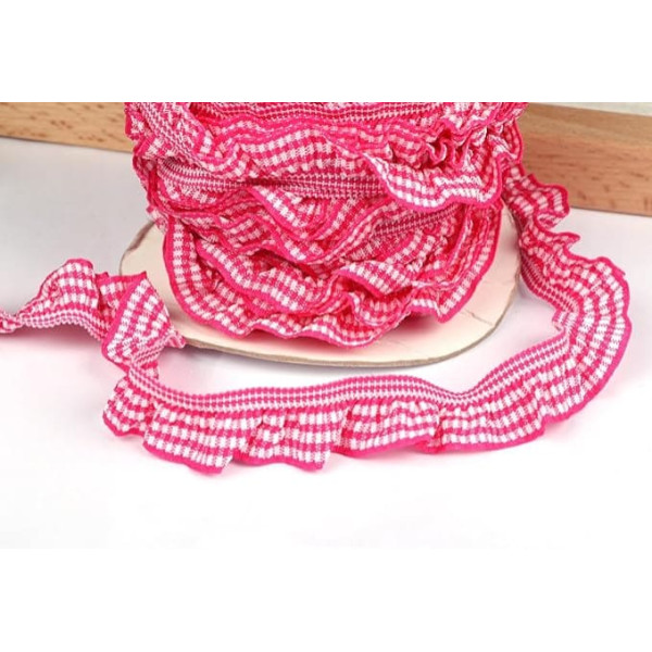 YYCRAFT 40 Yards Wide Gingham Check Elastic Hem Ruffle Ribbon Sewing Border (Hot Pink)