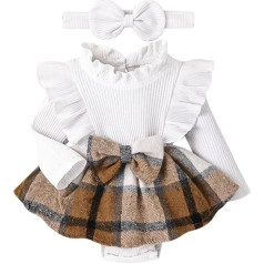 DOMOABEI Baby-Mädchen-Kleidung, Herbst-Winter-Outfits, niedliches Stramplerkleid, karierter Rock, Rüschen, langärmelig, Overall, Stirnband, 0-18 Monate
